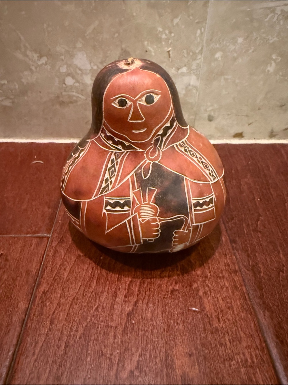 Hand-Painted Folk Art Hand Carved Gourd Indigenous Figure 4.5”